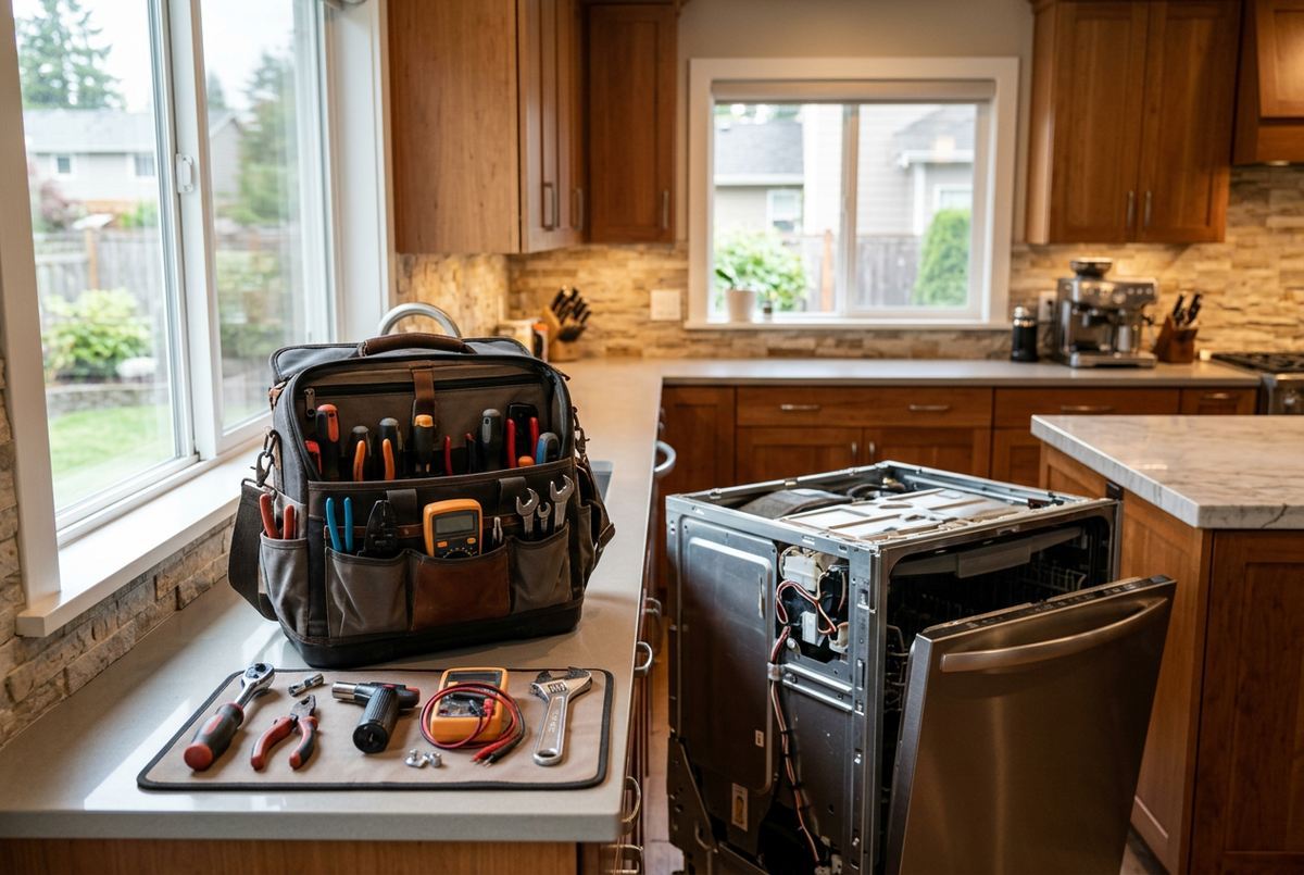 Appliance repair technician at work